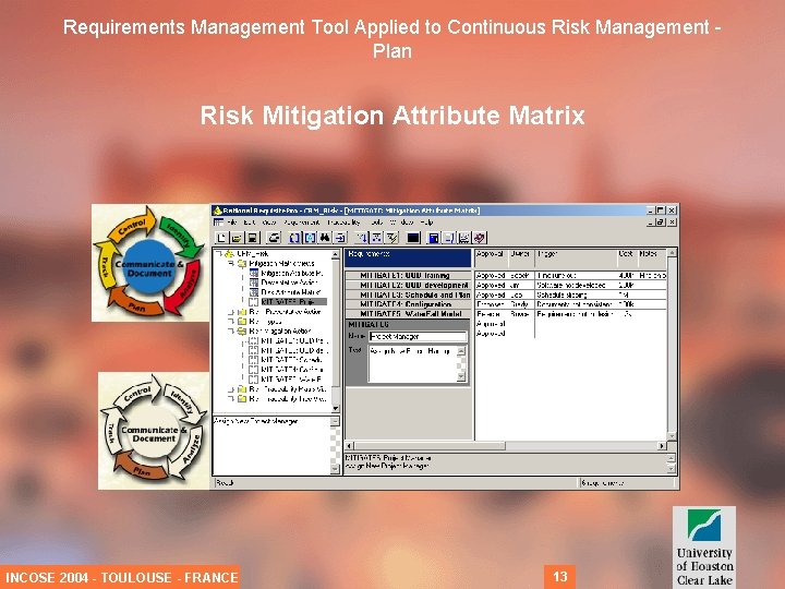 Requirements Management Tool Applied to Continuous Risk Management Plan Risk Mitigation Attribute Matrix INCOSE