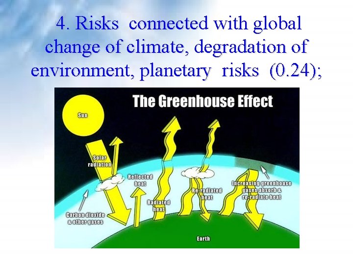 4. Risks connected with global change of climate, degradation of environment, planetary risks 4. Risks connected with global change of climate, degradation of environment, planetary risks