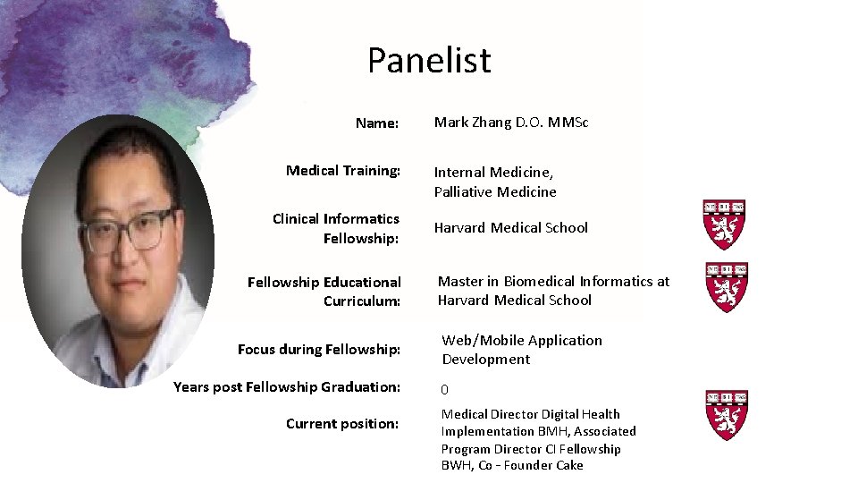 Panelist Name: Medical Training: Clinical Informatics Fellowship: Fellowship Educational Curriculum: Focus during Fellowship: Years