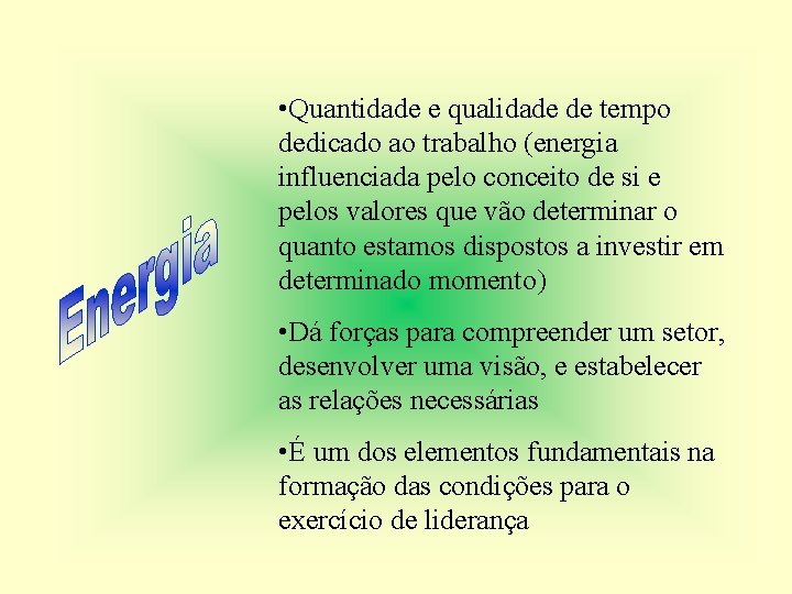  • Quantidade e qualidade de tempo dedicado ao trabalho (energia influenciada pelo conceito