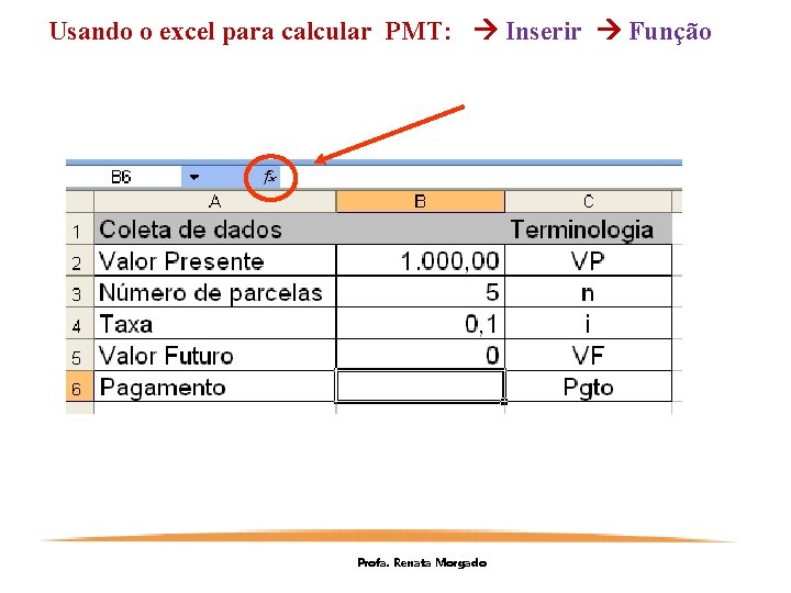 Usando o excel para calcular PMT: Inserir Função Profa. Renata Morgado 