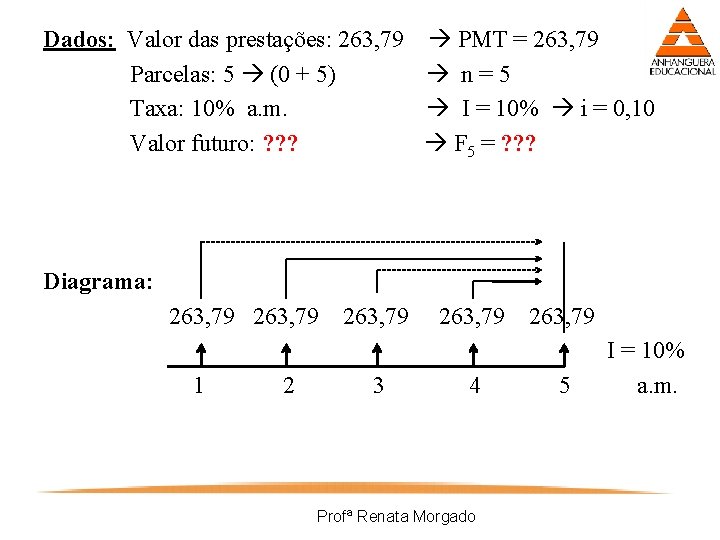 Dados: Valor das prestações: 263, 79 PMT = 263, 79 Parcelas: 5 (0 +