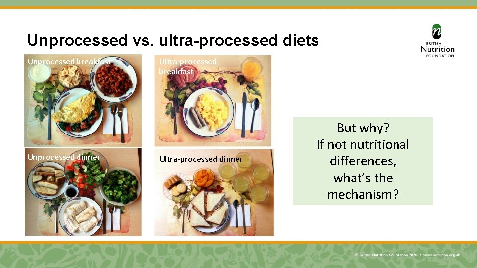 Unprocessed vs. ultra-processed diets Unprocessed breakfast Unprocessed dinner Ultra-processed breakfast Ultra-processed dinner But why?
