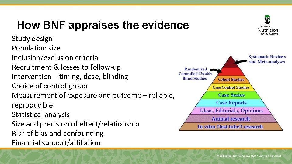How BNF appraises the evidence Study design Population size Inclusion/exclusion criteria Recruitment & losses