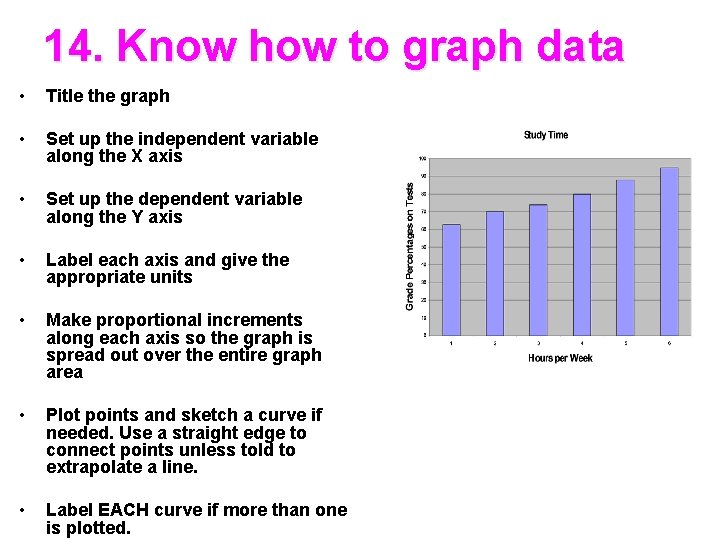 14. Know how to graph data • Title the graph • Set up the