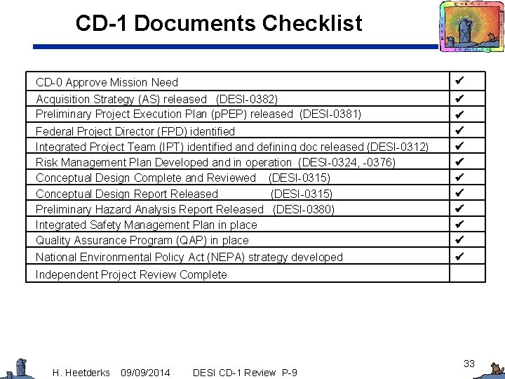 CD-1 Documents Checklist CD-0 Approve Mission Need Acquisition Strategy (AS) released (DESI-0382) Preliminary Project