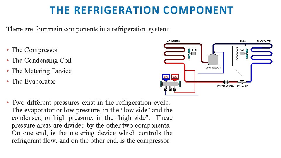 THE REFRIGERATION COMPONENT There are four main components in a refrigeration system: • •