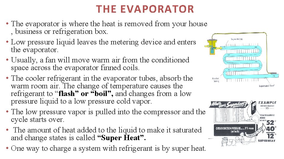THE EVAPORATOR • The evaporator is where the heat is removed from your house