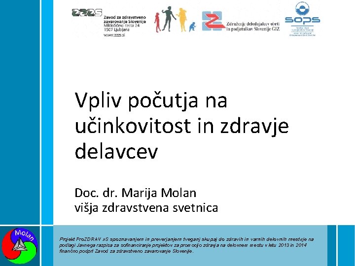 Vpliv počutja na učinkovitost in zdravje delavcev Doc. dr. Marija Molan višja zdravstvena svetnica