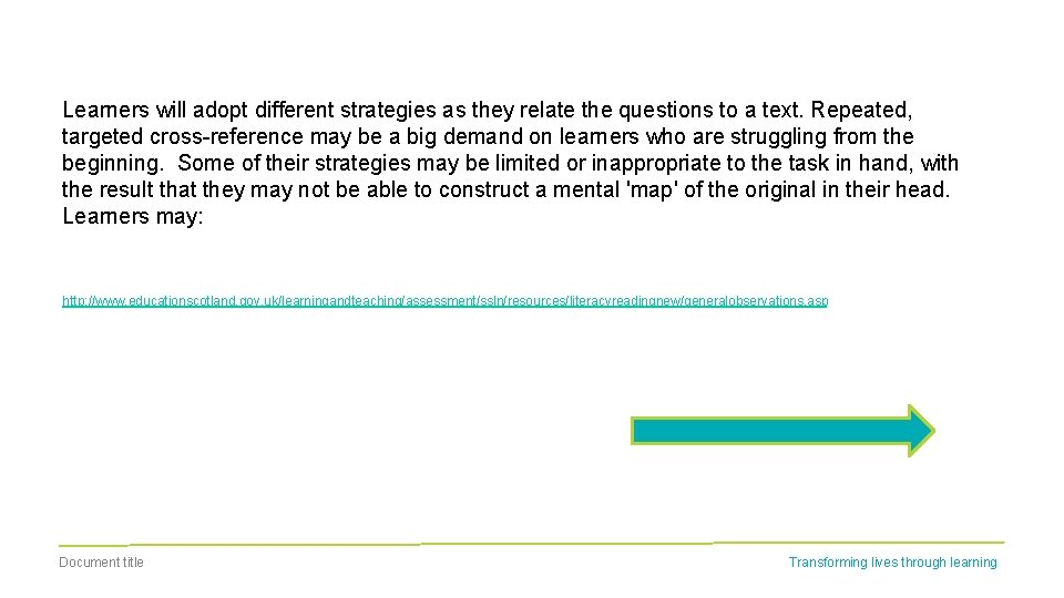 Learners will adopt different strategies as they relate the questions to a text. Repeated,