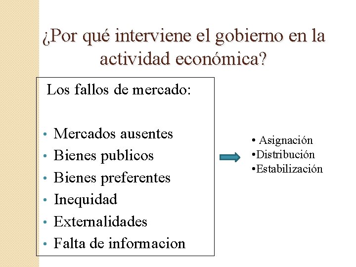 ¿Por qué interviene el gobierno en la actividad económica? Los fallos de mercado: •