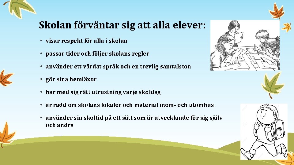 Skolan förväntar sig att alla elever: • visar respekt för alla i skolan •