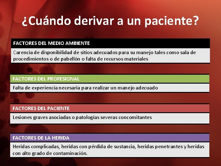 ¿Cuándo derivar a un paciente? FACTORES DEL MEDIO AMBIENTE Carencia de disponibilidad de sitios