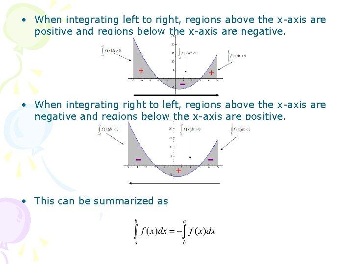  • When integrating left to right, regions above the x-axis are positive and