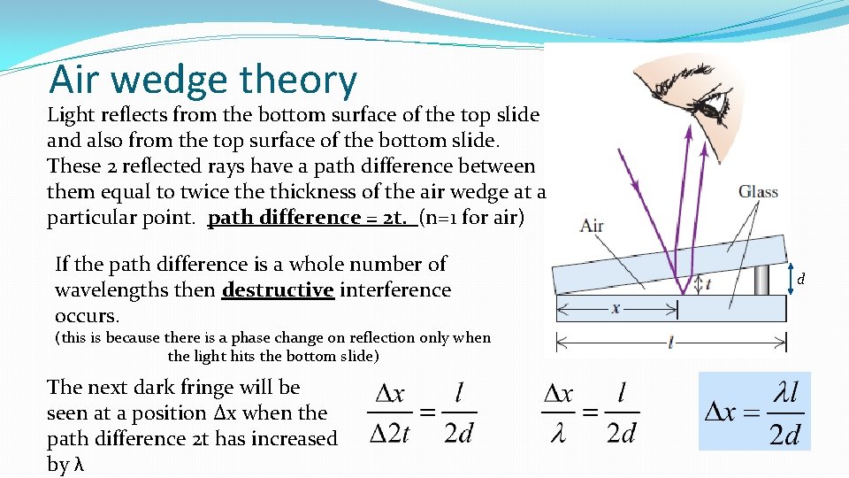 Air wedge theory Light reflects from the bottom surface of the top slide and