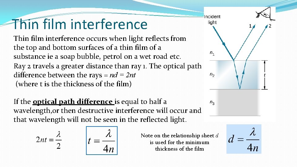 Thin film interference occurs when light reflects from the top and bottom surfaces of