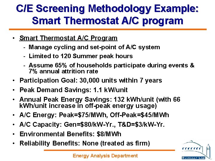 C/E Screening Methodology Example: Smart Thermostat A/C program • Smart Thermostat A/C Program -