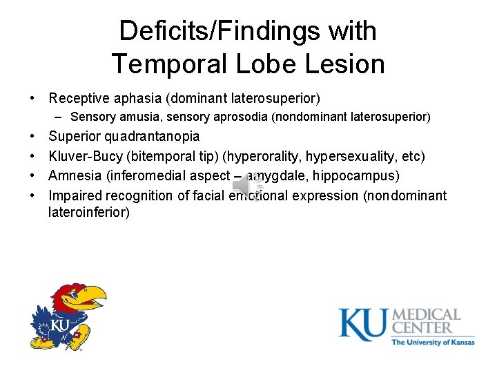 Deficits/Findings with Temporal Lobe Lesion • Receptive aphasia (dominant laterosuperior) – Sensory amusia, sensory