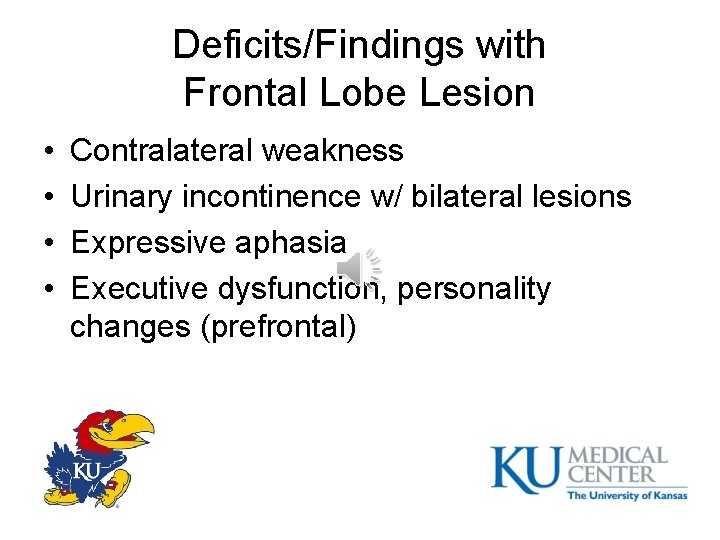 Deficits/Findings with Frontal Lobe Lesion • • Contralateral weakness Urinary incontinence w/ bilateral lesions