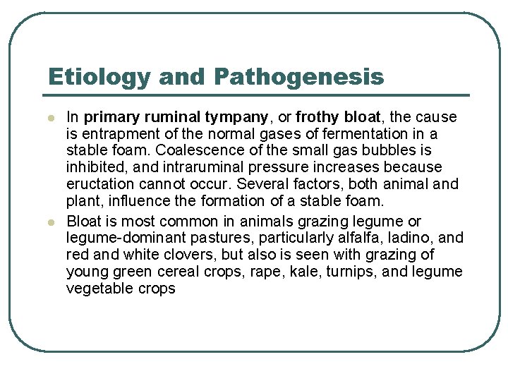 Etiology and Pathogenesis l l In primary ruminal tympany, or frothy bloat, the cause Etiology and Pathogenesis l l In primary ruminal tympany, or frothy bloat, the cause