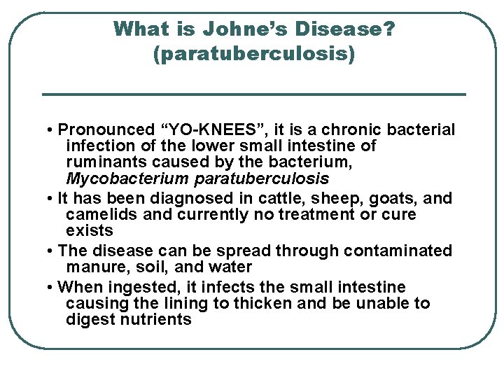 What is Johne’s Disease? (paratuberculosis) • Pronounced “YO-KNEES”, it is a chronic bacterial infection What is Johne’s Disease? (paratuberculosis) • Pronounced “YO-KNEES”, it is a chronic bacterial infection