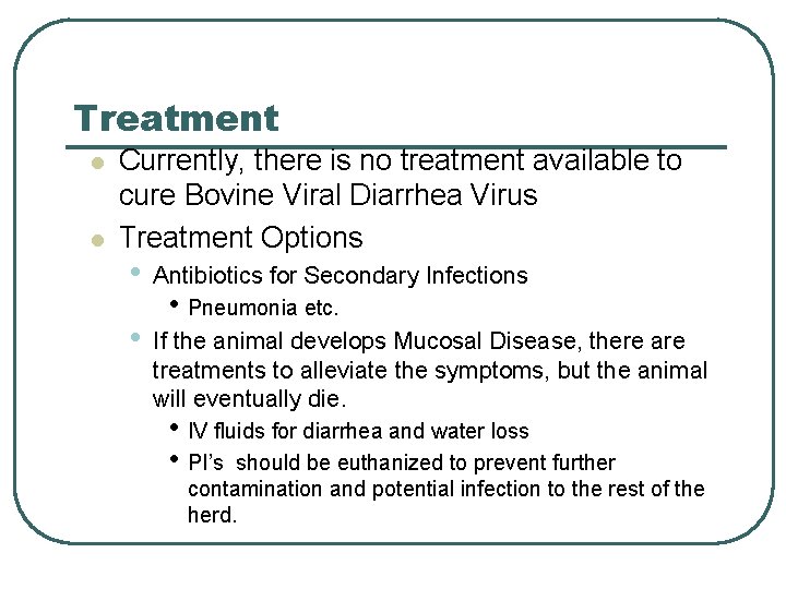 Treatment l l Currently, there is no treatment available to cure Bovine Viral Diarrhea Treatment l l Currently, there is no treatment available to cure Bovine Viral Diarrhea