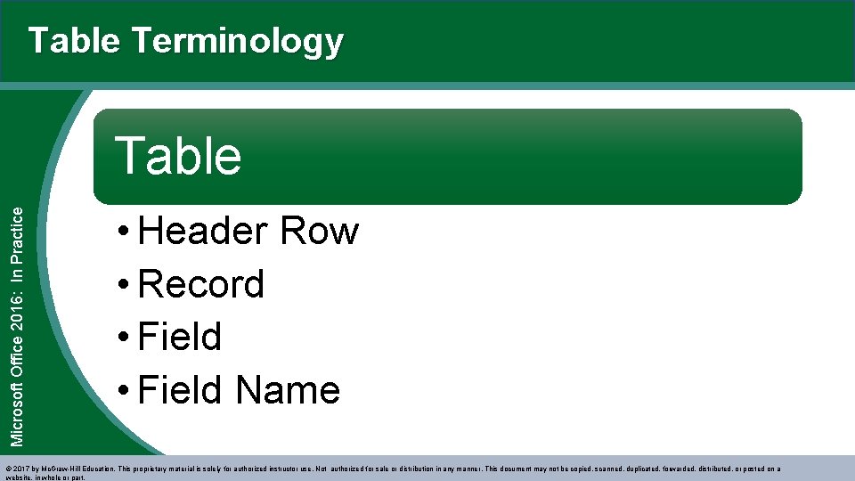Table Terminology Microsoft Office 2016: In Practice Table • Header Row • Record •