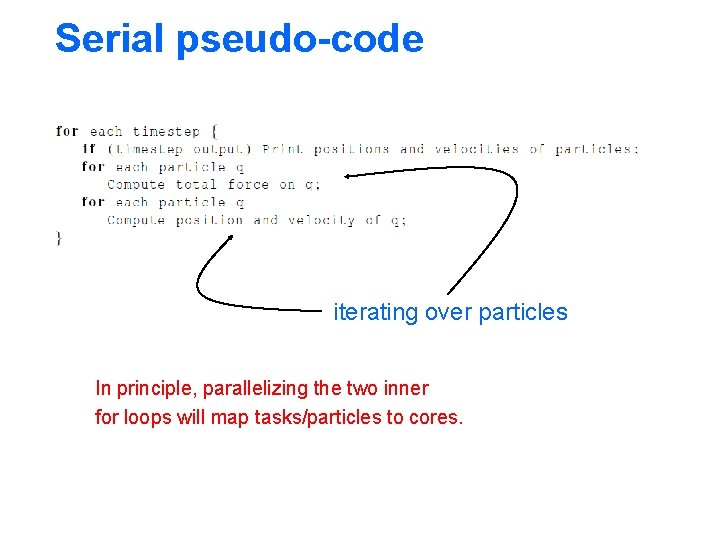 Serial pseudo-code iterating over particles In principle, parallelizing the two inner for loops will