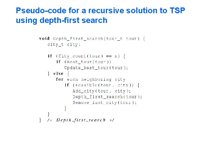 Pseudo-code for a recursive solution to TSP using depth-first search 