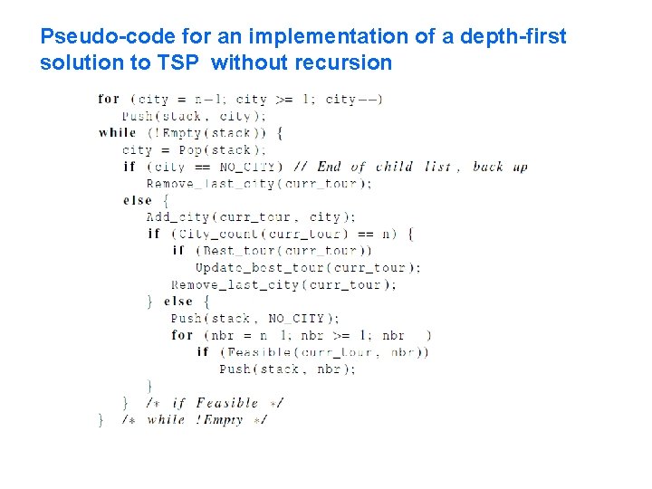 Pseudo-code for an implementation of a depth-first solution to TSP without recursion 