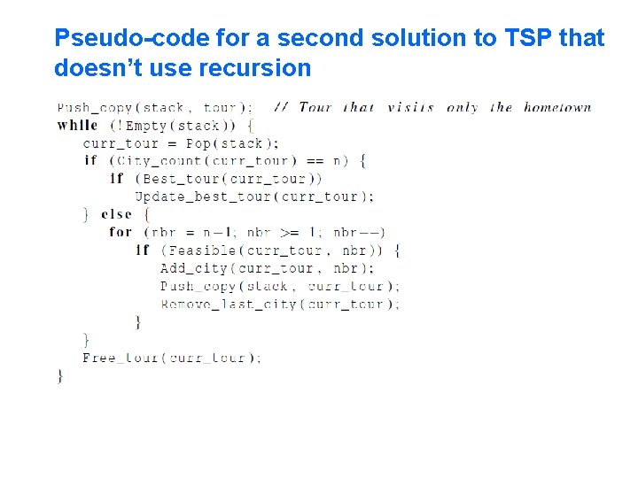 Pseudo-code for a second solution to TSP that doesn’t use recursion 