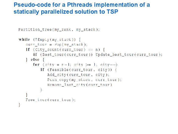 Pseudo-code for a Pthreads implementation of a statically parallelized solution to TSP 