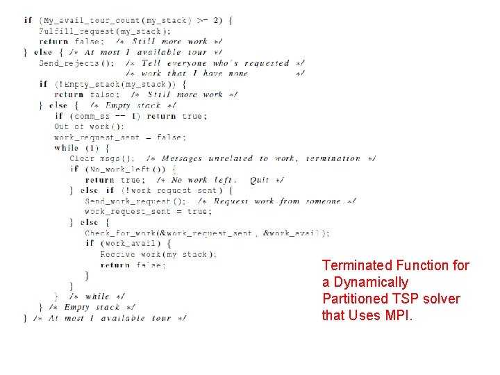 Terminated Function for a Dynamically Partitioned TSP solver that Uses MPI. 