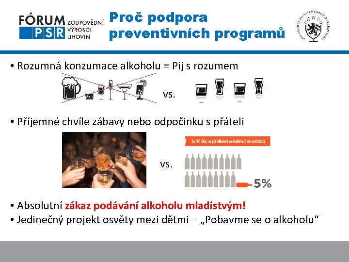 Proč podpora preventivních programů • Rozumná konzumace alkoholu = Pij s rozumem vs. •