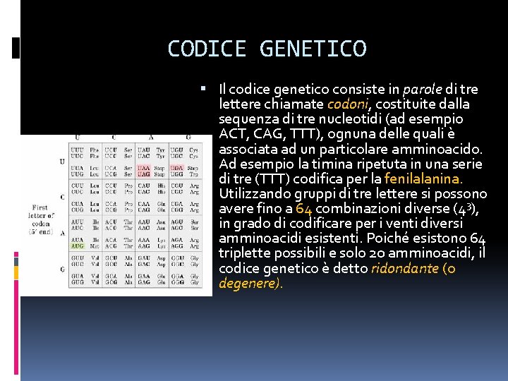 CODICE GENETICO Il codice genetico consiste in parole di tre lettere chiamate codoni, costituite CODICE GENETICO Il codice genetico consiste in parole di tre lettere chiamate codoni, costituite