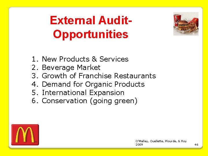External Audit- Opportunities 1. New Products & Services 2. Beverage Market 3. Growth of