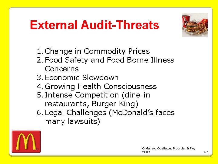 External Audit-Threats 1. Change in Commodity Prices 2. Food Safety and Food Borne Illness