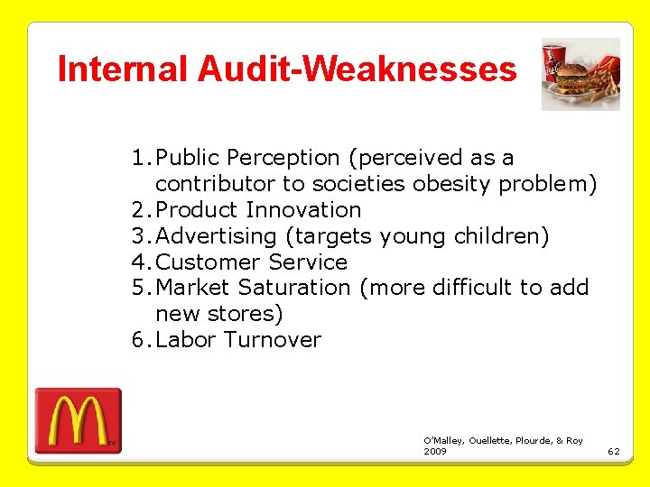 Internal Audit-Weaknesses 1. Public Perception (perceived as a contributor to societies obesity problem) 2.