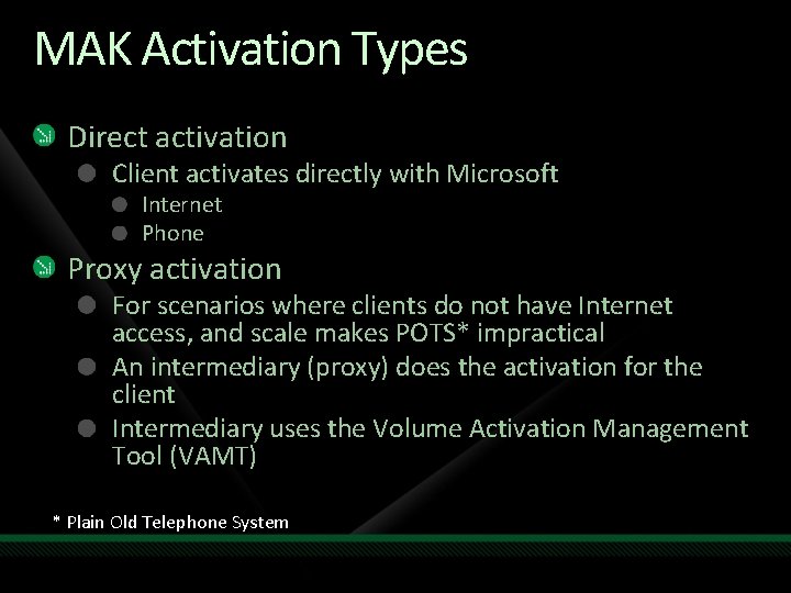 MAK Activation Types Direct activation Client activates directly with Microsoft Internet Phone Proxy activation