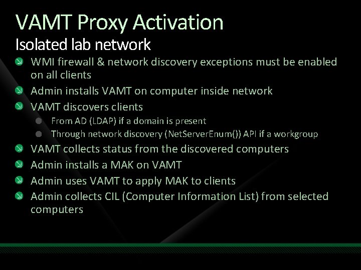 VAMT Proxy Activation Isolated lab network WMI firewall & network discovery exceptions must be