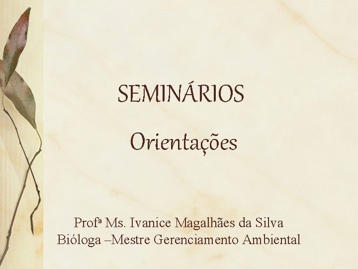 SEMINÁRIOS Orientações Profa Ms. Ivanice Magalhães da Silva Bióloga –Mestre Gerenciamento Ambiental 