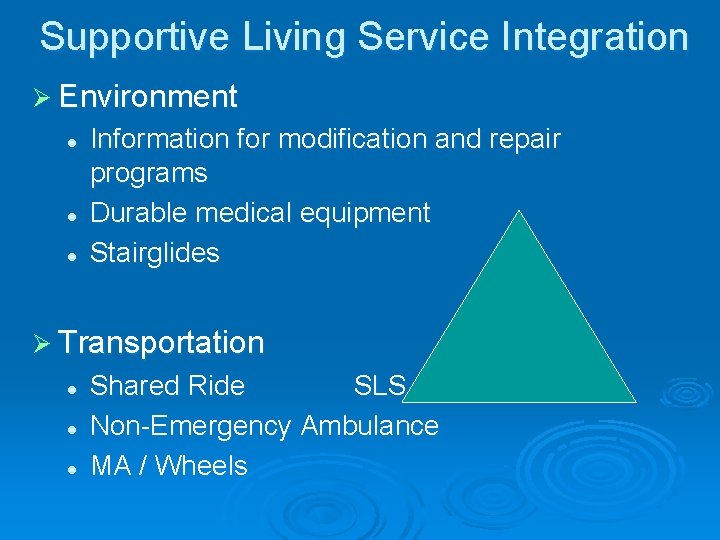 Supportive Living Service Integration Ø Environment l l l Information for modification and repair