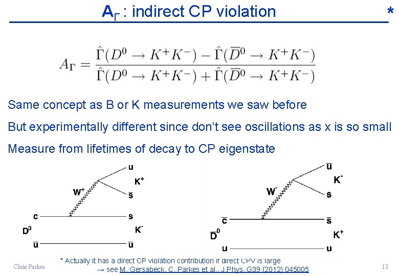 AΓ : indirect CP violation * Same concept as B or K measurements we