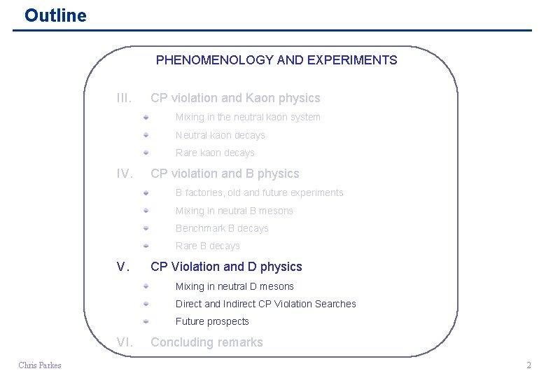 Outline PHENOMENOLOGY AND EXPERIMENTS III. CP violation and Kaon physics Mixing in the neutral