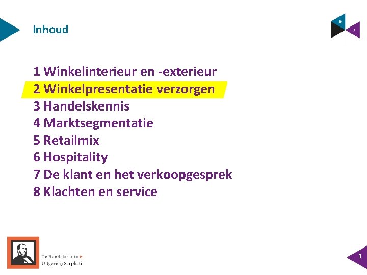 Inhoud 1 Winkelinterieur en -exterieur 2 Winkelpresentatie verzorgen 3 Handelskennis 4 Marktsegmentatie 5 Retailmix