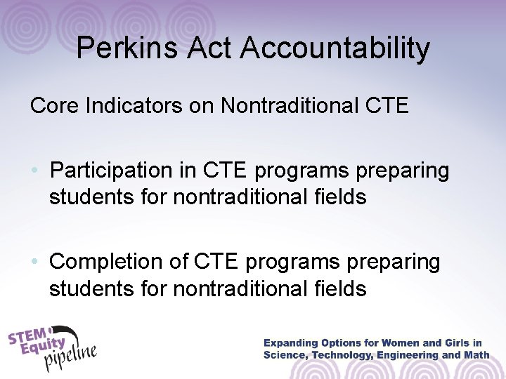 Perkins Act Accountability Core Indicators on Nontraditional CTE • Participation in CTE programs preparing Perkins Act Accountability Core Indicators on Nontraditional CTE • Participation in CTE programs preparing