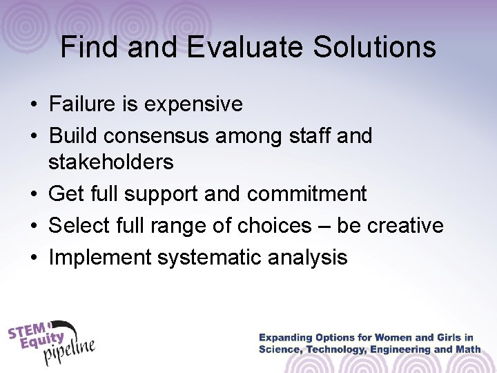 Find and Evaluate Solutions • Failure is expensive • Build consensus among staff and Find and Evaluate Solutions • Failure is expensive • Build consensus among staff and