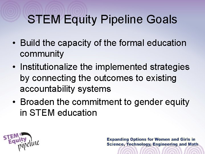 STEM Equity Pipeline Goals • Build the capacity of the formal education community • STEM Equity Pipeline Goals • Build the capacity of the formal education community •