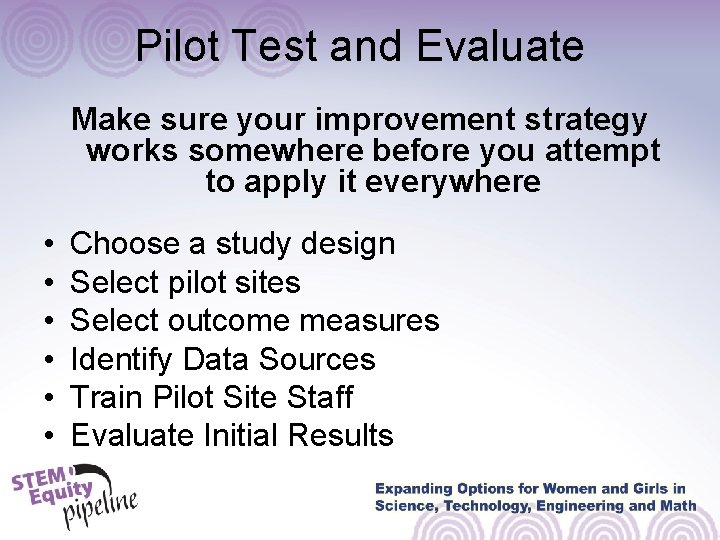 Pilot Test and Evaluate Make sure your improvement strategy works somewhere before you attempt Pilot Test and Evaluate Make sure your improvement strategy works somewhere before you attempt