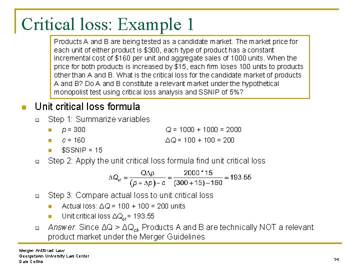 Critical loss: Example 1 Products A and B are being tested as a candidate